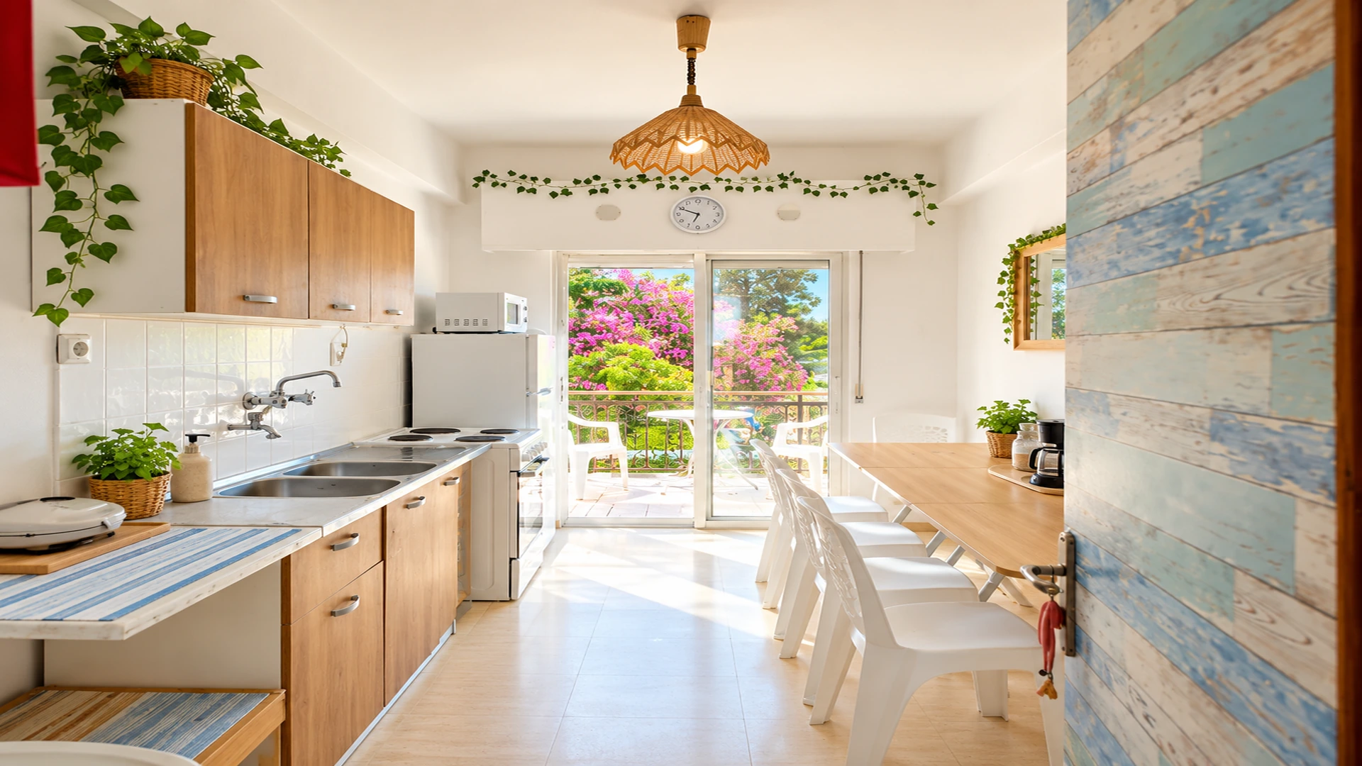 Airy shared kitchen and dining room opening to a sunny balcony